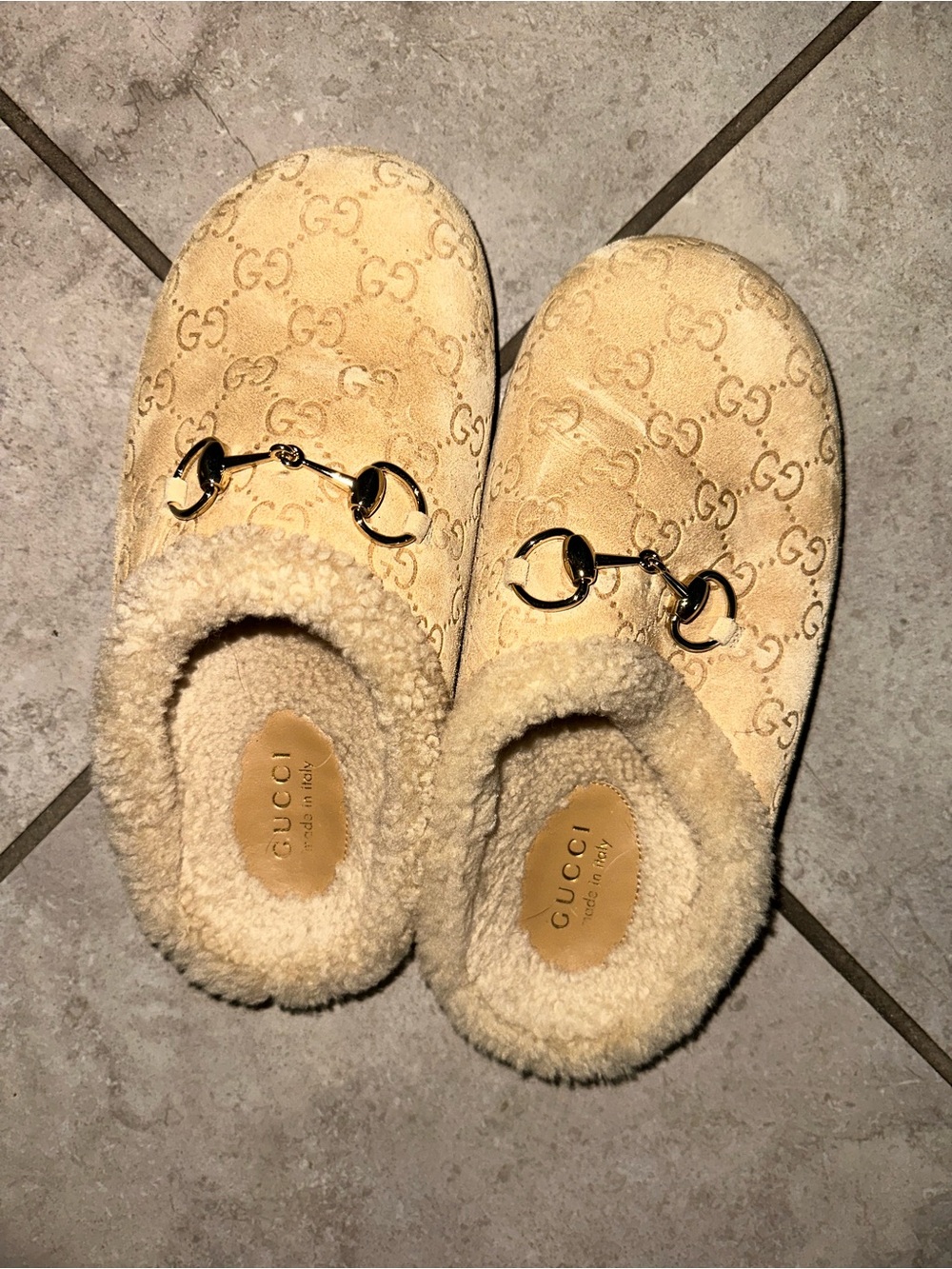 Gucci Suede Shearling Mules with Gold Horsebit